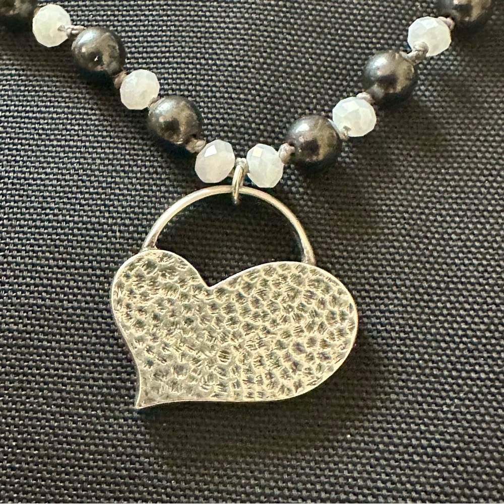 Handmade Austrian Crystal, Black Magnetic Beads & Hammered Heart Necklace